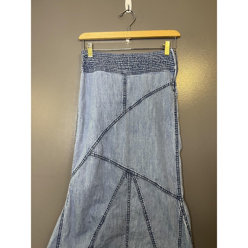 Urban Outfitters Skirt Womens XS Blue Denim Trumpet Long Asym Hem Boho Frayed